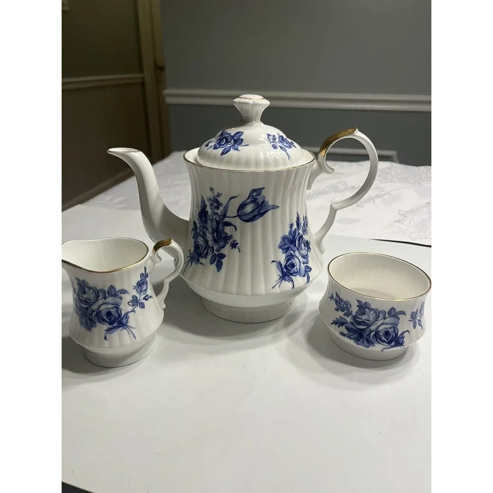 Vtg Royal Windsor Blue Roses Coffee Tea Pot Sugar & Creamer Set England